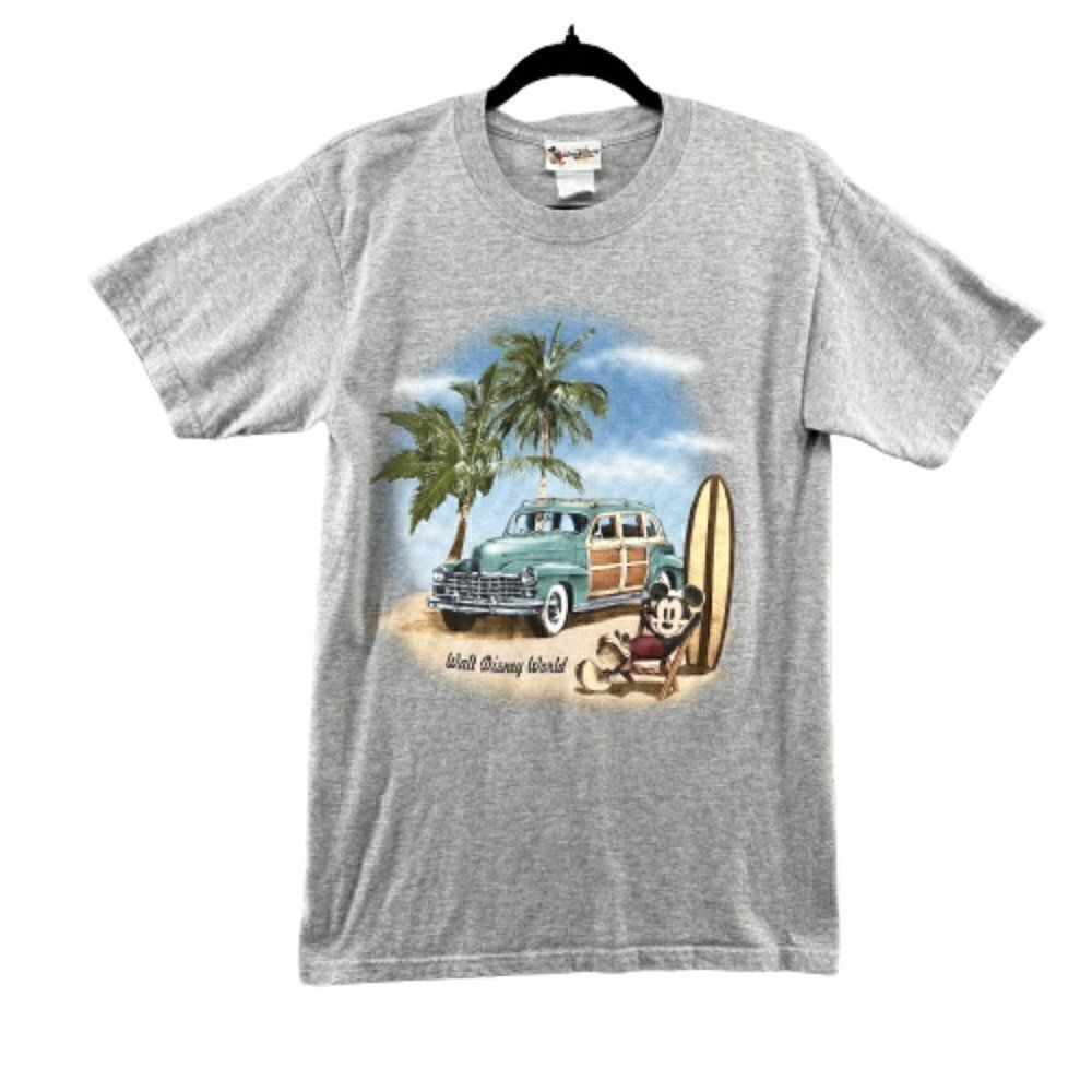 Vintage Mickey Mouse Surf Station Wagon Disneyland Shirt Gray Size Small Tee